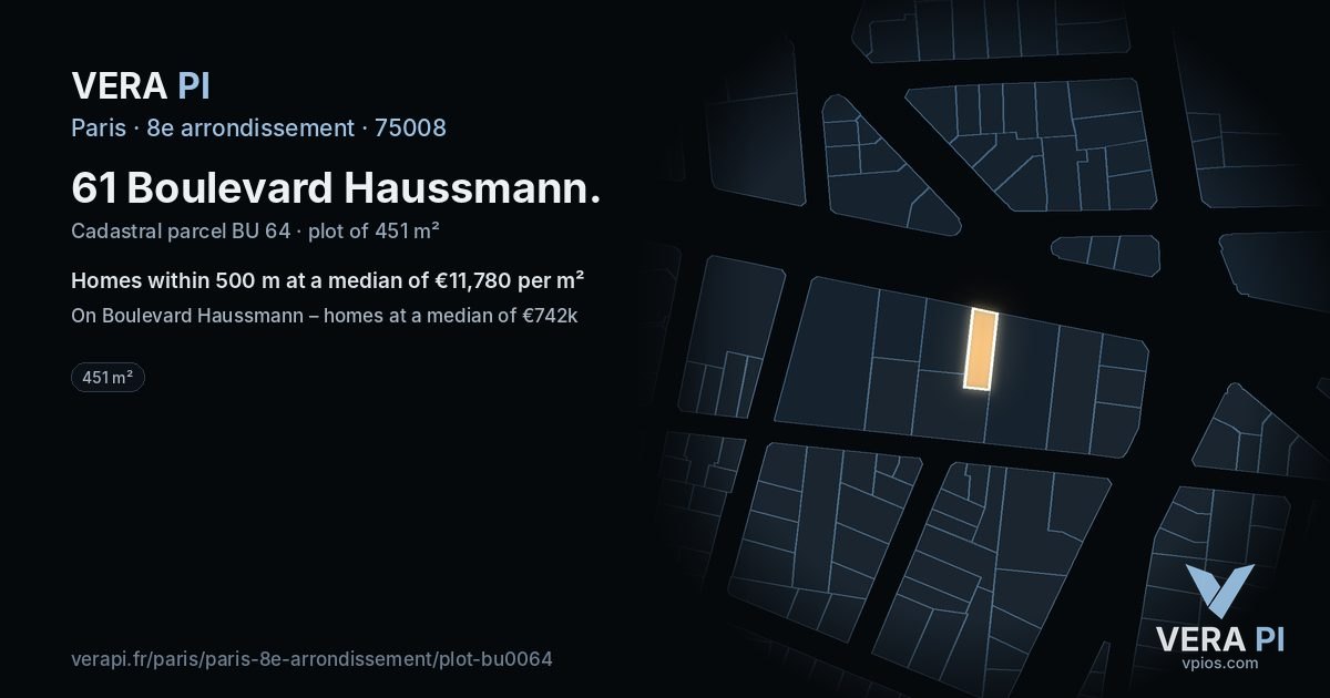 61 Boulevard Haussmann, 8e arrondissement at night – the plot lit, the parcels around coloured by the prices near them