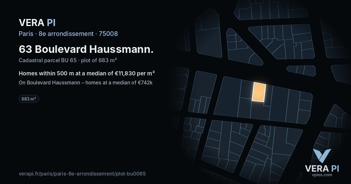 63 Boulevard Haussmann, 8e arrondissement at night – the plot lit, the parcels around coloured by the prices near them