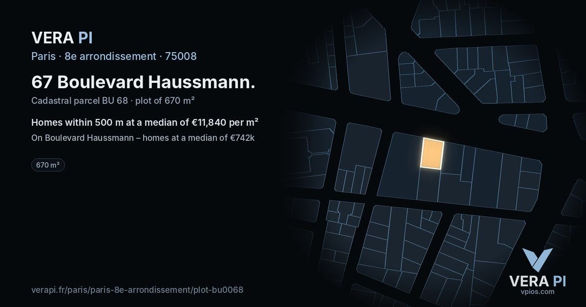 67 Boulevard Haussmann, 8e arrondissement at night – the plot lit, the parcels around coloured by the prices near them