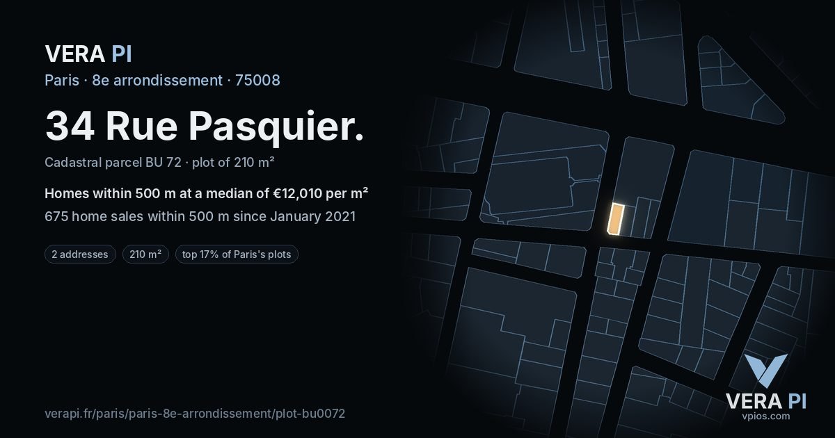34 Rue Pasquier, 8e arrondissement at night – the plot lit, the parcels around coloured by the prices near them
