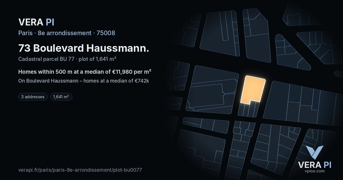 73 Boulevard Haussmann, 8e arrondissement at night – the plot lit, the parcels around coloured by the prices near them
