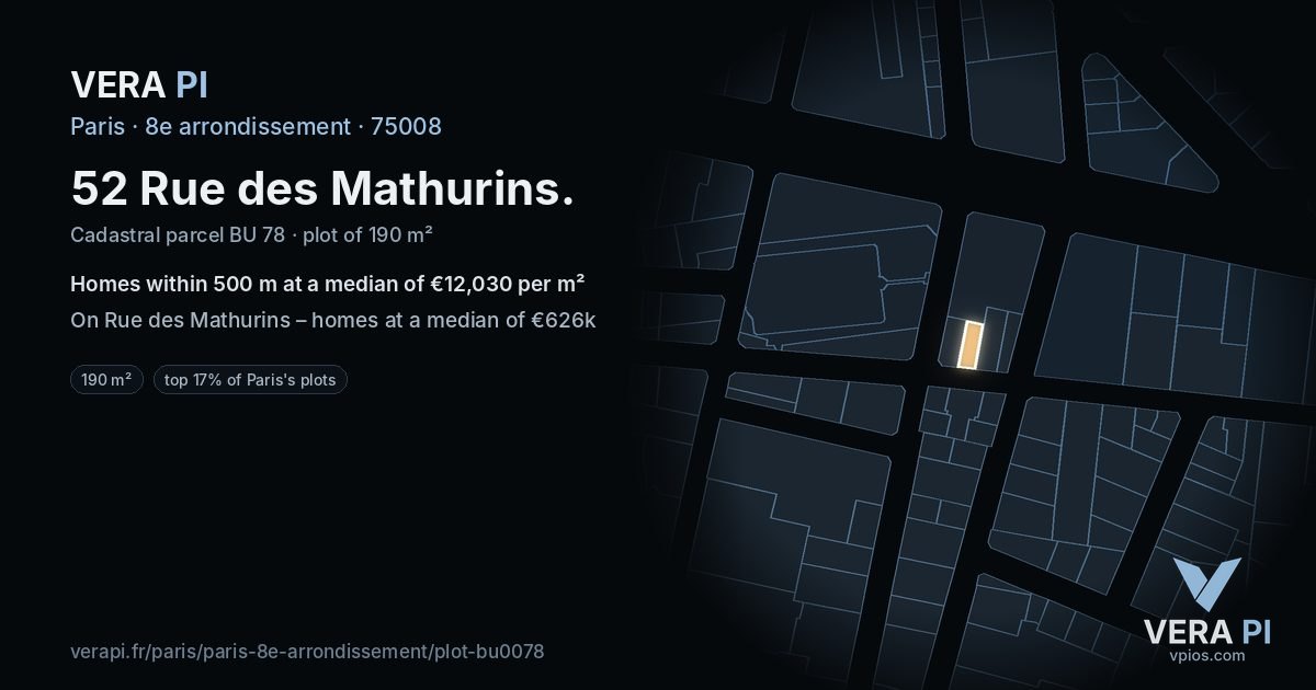 52 Rue des Mathurins, 8e arrondissement at night – the plot lit, the parcels around coloured by the prices near them