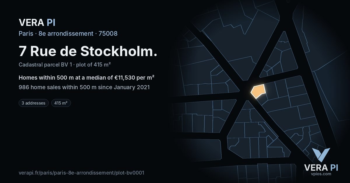7 Rue de Stockholm, 8e arrondissement at night – the plot lit, the parcels around coloured by the prices near them