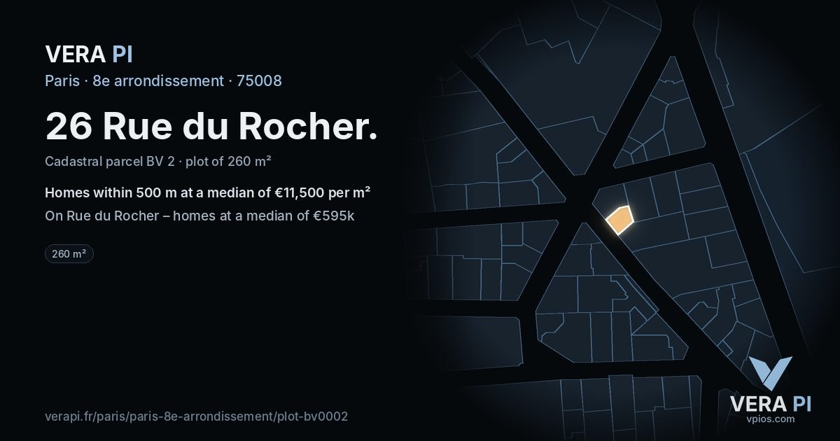 26 Rue du Rocher, 8e arrondissement at night – the plot lit, the parcels around coloured by the prices near them