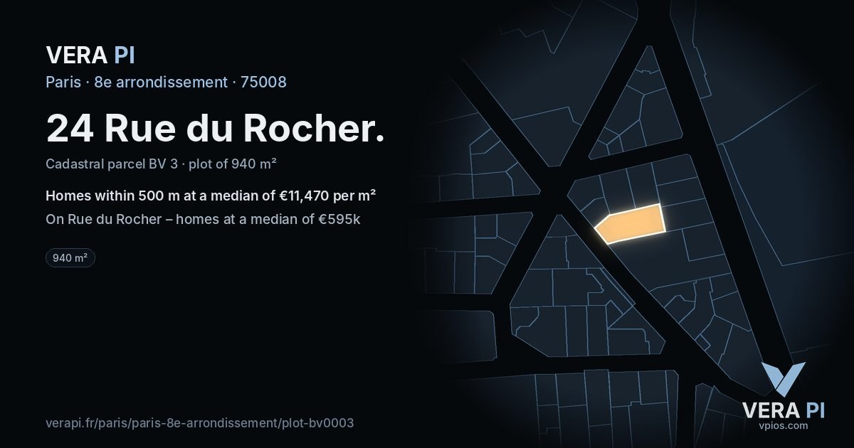 24 Rue du Rocher, 8e arrondissement at night – the plot lit, the parcels around coloured by the prices near them