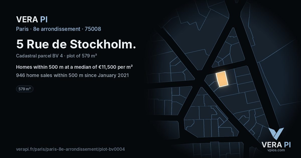 5 Rue de Stockholm, 8e arrondissement at night – the plot lit, the parcels around coloured by the prices near them