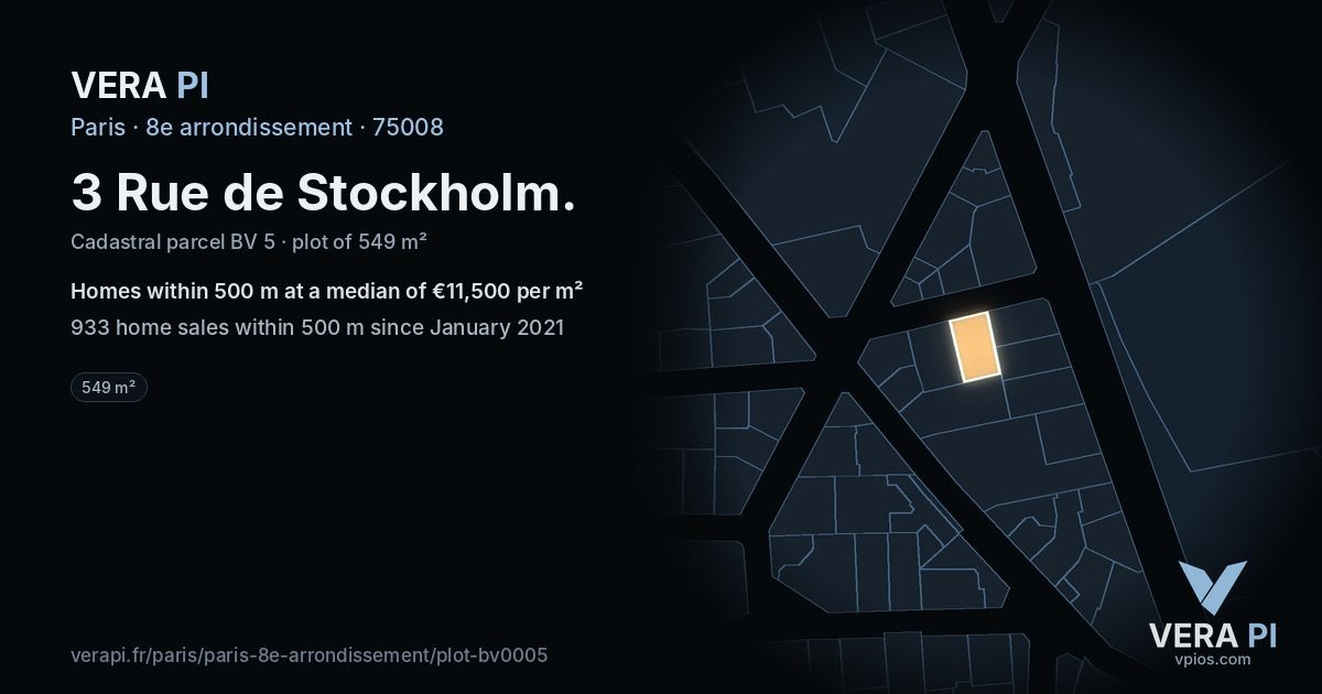3 Rue de Stockholm, 8e arrondissement at night – the plot lit, the parcels around coloured by the prices near them
