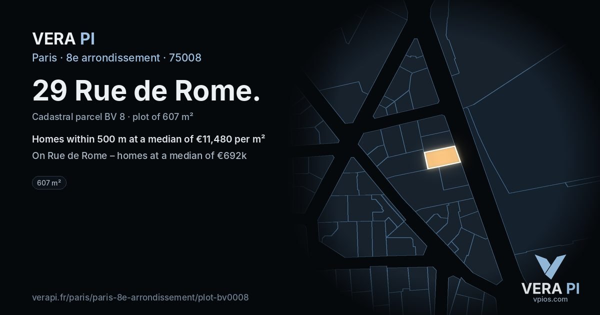29 Rue de Rome, 8e arrondissement at night – the plot lit, the parcels around coloured by the prices near them