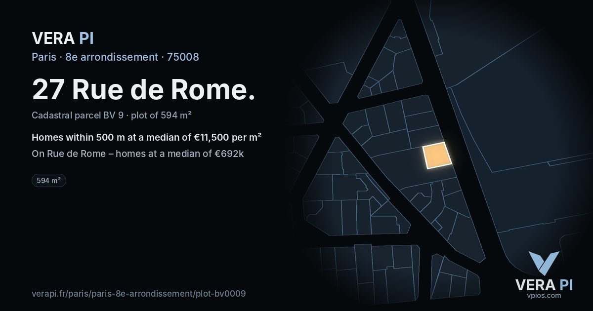 27 Rue de Rome, 8e arrondissement at night – the plot lit, the parcels around coloured by the prices near them