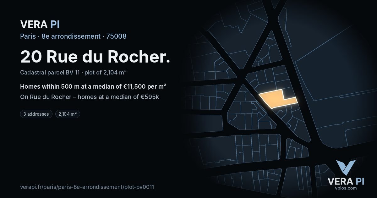 20 Rue du Rocher, 8e arrondissement at night – the plot lit, the parcels around coloured by the prices near them