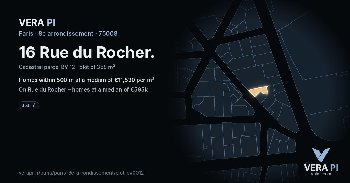 16 Rue du Rocher, 8e arrondissement at night – the plot lit, the parcels around coloured by the prices near them