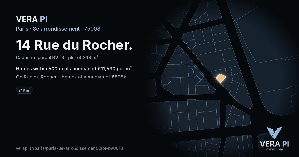 14 Rue du Rocher, 8e arrondissement at night – the plot lit, the parcels around coloured by the prices near them