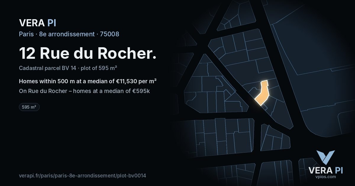 12 Rue du Rocher, 8e arrondissement at night – the plot lit, the parcels around coloured by the prices near them