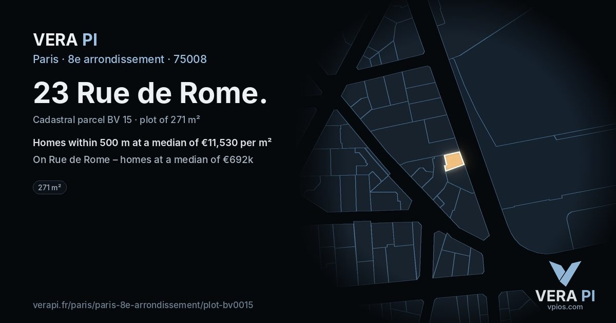 23 Rue de Rome, 8e arrondissement at night – the plot lit, the parcels around coloured by the prices near them
