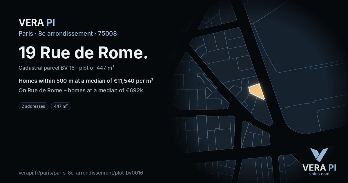 19 Rue de Rome, 8e arrondissement at night – the plot lit, the parcels around coloured by the prices near them