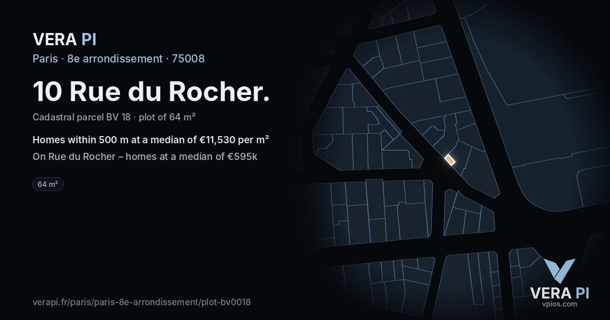 10 Rue du Rocher, 8e arrondissement at night – the plot lit, the parcels around coloured by the prices near them