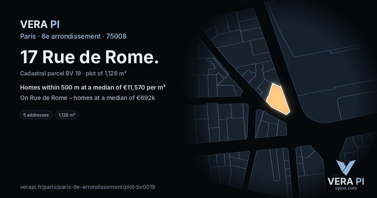 17 Rue de Rome, 8e arrondissement at night – the plot lit, the parcels around coloured by the prices near them