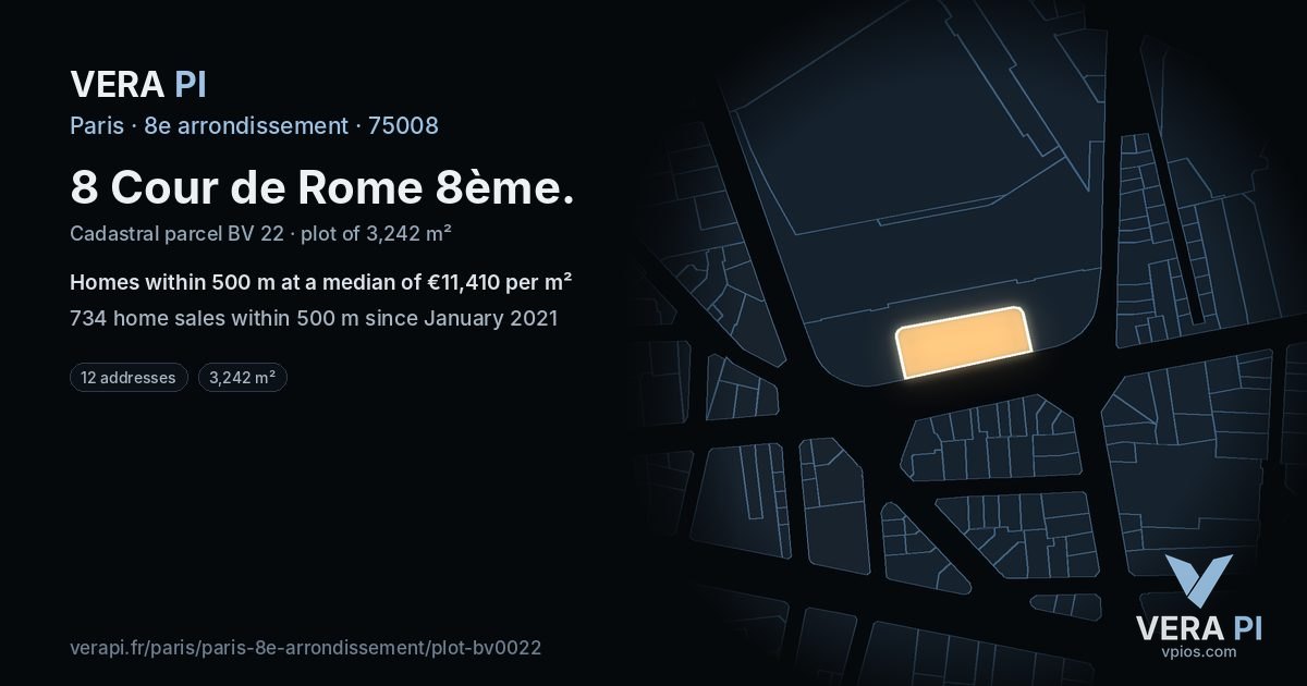 8 Cour de Rome 8ème, 8e arrondissement at night – the plot lit, the parcels around coloured by the prices near them
