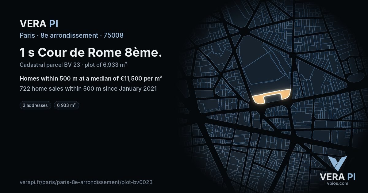 1 s Cour de Rome 8ème, 8e arrondissement at night – the plot lit, the parcels around coloured by the prices near them