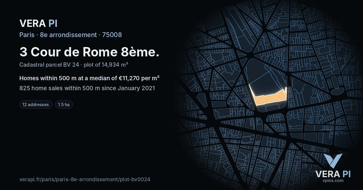 3 Cour de Rome 8ème, 8e arrondissement at night – the plot lit, the parcels around coloured by the prices near them