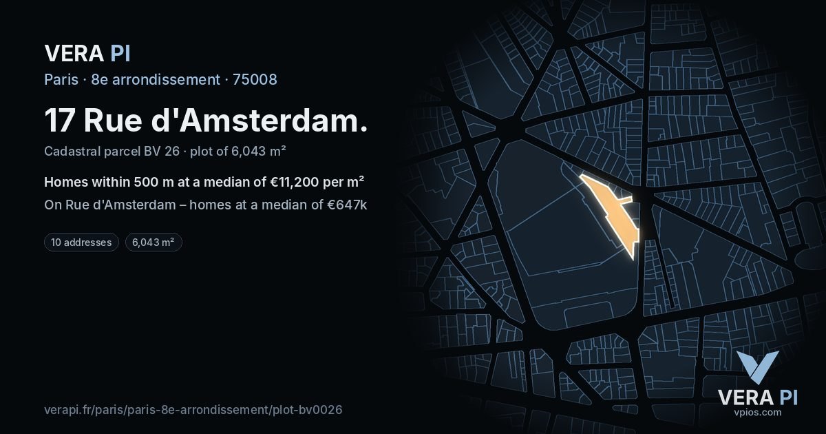 17 Rue d'Amsterdam, 8e arrondissement at night – the plot lit, the parcels around coloured by the prices near them