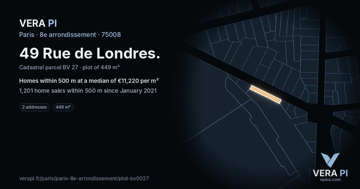 49 Rue de Londres, 8e arrondissement at night – the plot lit, the parcels around coloured by the prices near them