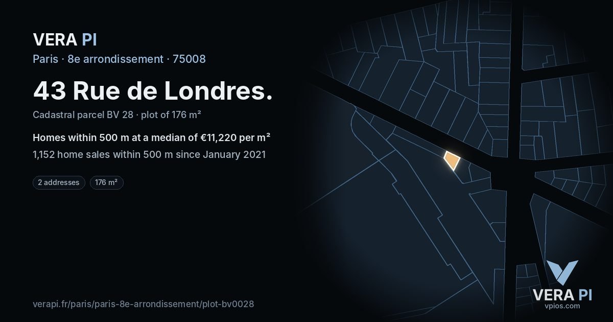 43 Rue de Londres, 8e arrondissement at night – the plot lit, the parcels around coloured by the prices near them