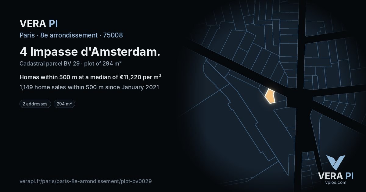 4 Impasse d'Amsterdam, 8e arrondissement at night – the plot lit, the parcels around coloured by the prices near them