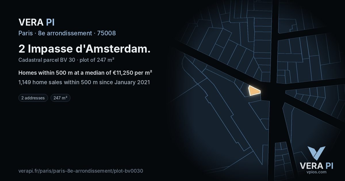 2 Impasse d'Amsterdam, 8e arrondissement at night – the plot lit, the parcels around coloured by the prices near them