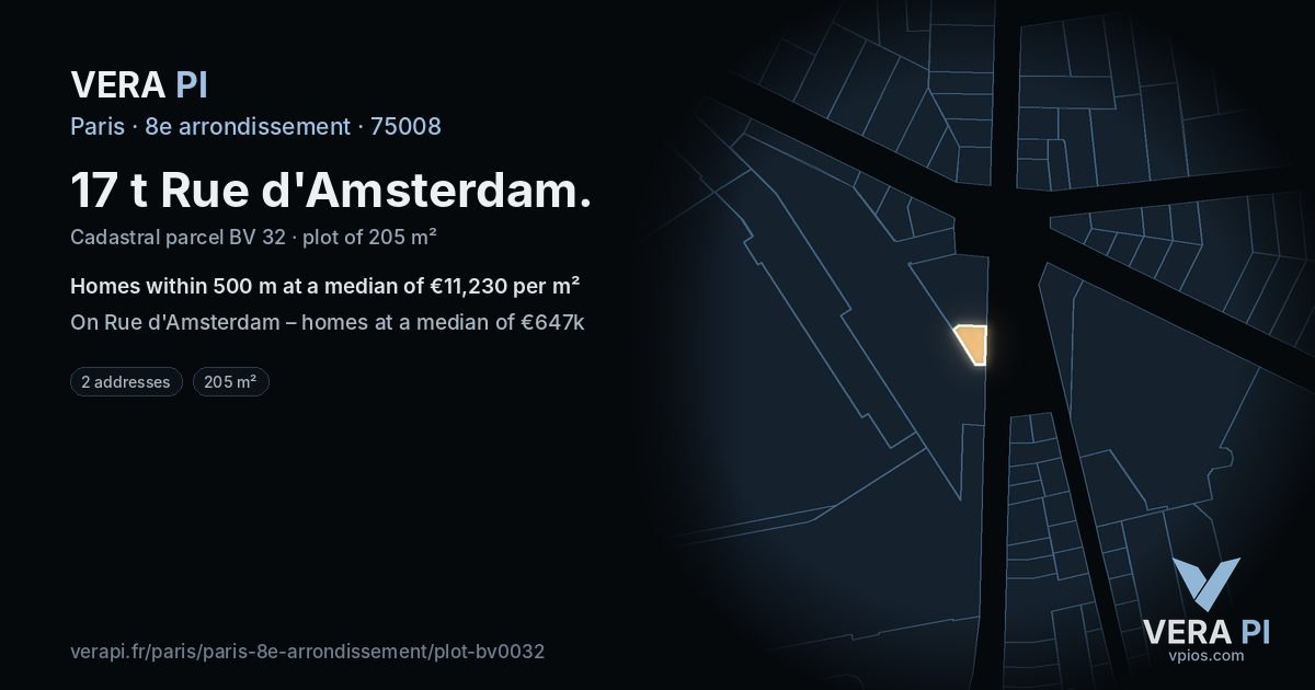 17 t Rue d'Amsterdam, 8e arrondissement at night – the plot lit, the parcels around coloured by the prices near them
