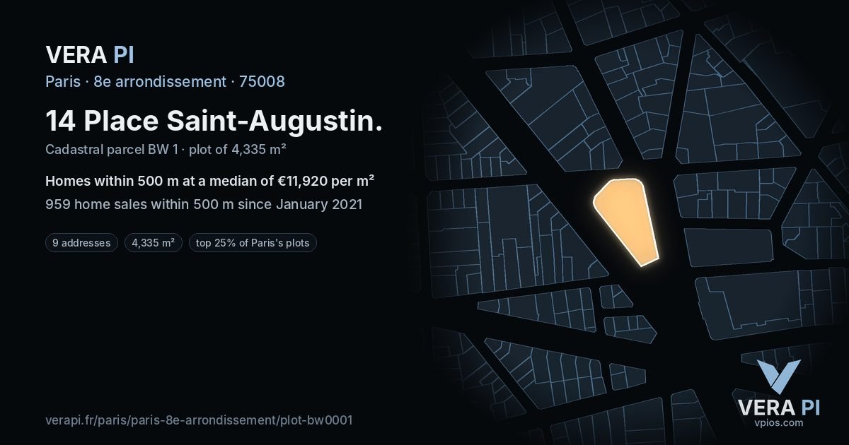 14 Place Saint-Augustin, 8e arrondissement at night – the plot lit, the parcels around coloured by the prices near them