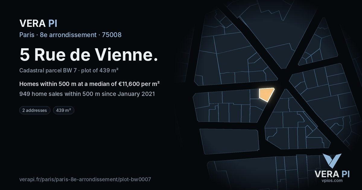 5 Rue de Vienne, 8e arrondissement at night – the plot lit, the parcels around coloured by the prices near them