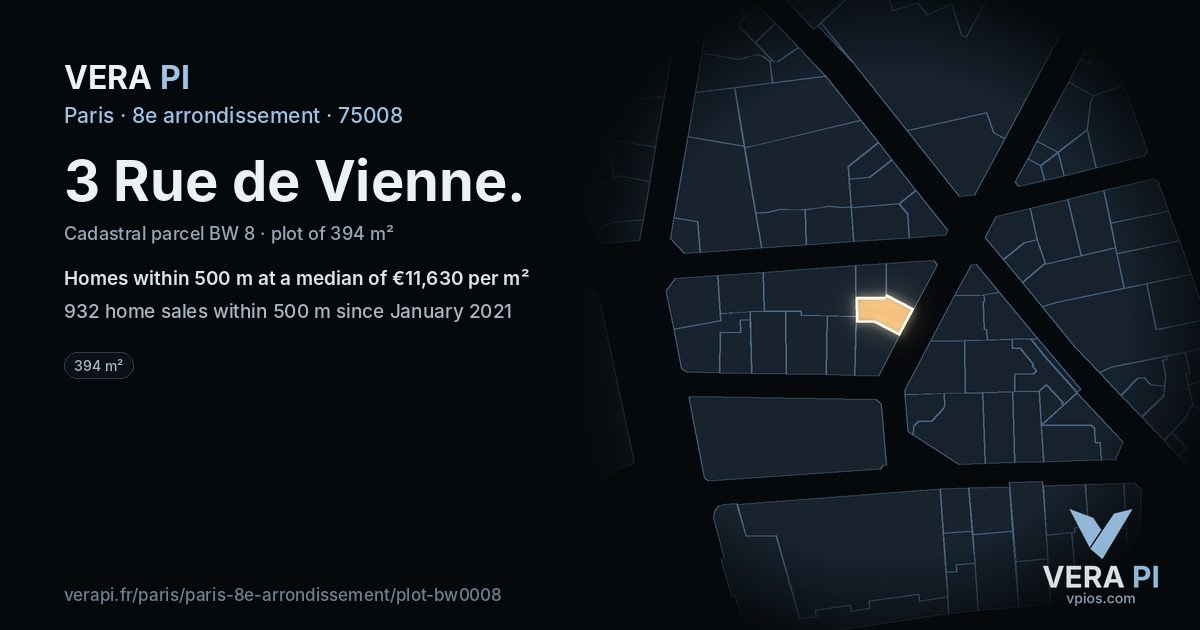 3 Rue de Vienne, 8e arrondissement at night – the plot lit, the parcels around coloured by the prices near them