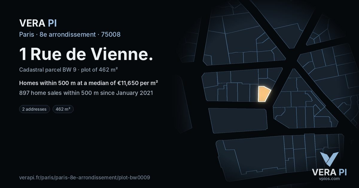 1 Rue de Vienne, 8e arrondissement at night – the plot lit, the parcels around coloured by the prices near them