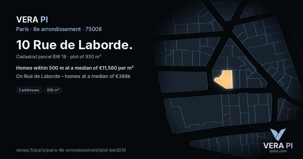10 Rue de Laborde, 8e arrondissement at night – the plot lit, the parcels around coloured by the prices near them
