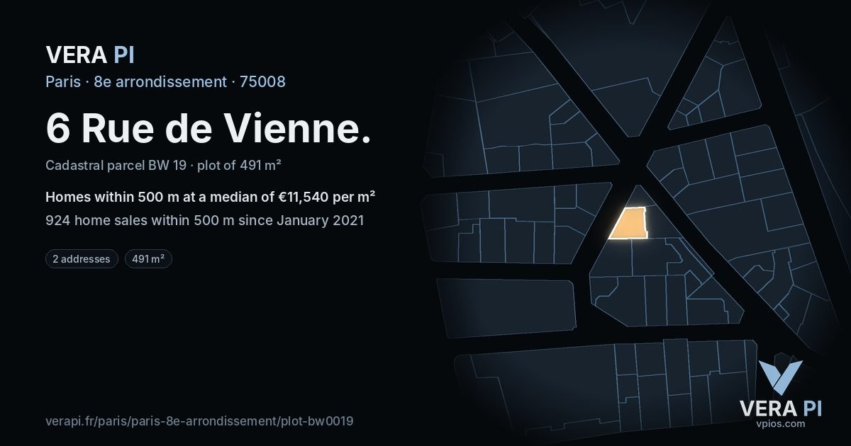 6 Rue de Vienne, 8e arrondissement at night – the plot lit, the parcels around coloured by the prices near them