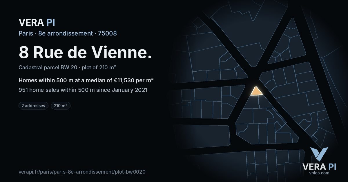 8 Rue de Vienne, 8e arrondissement at night – the plot lit, the parcels around coloured by the prices near them