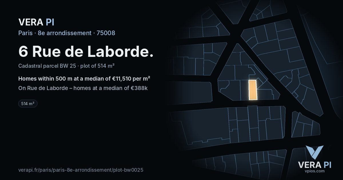 6 Rue de Laborde, 8e arrondissement at night – the plot lit, the parcels around coloured by the prices near them