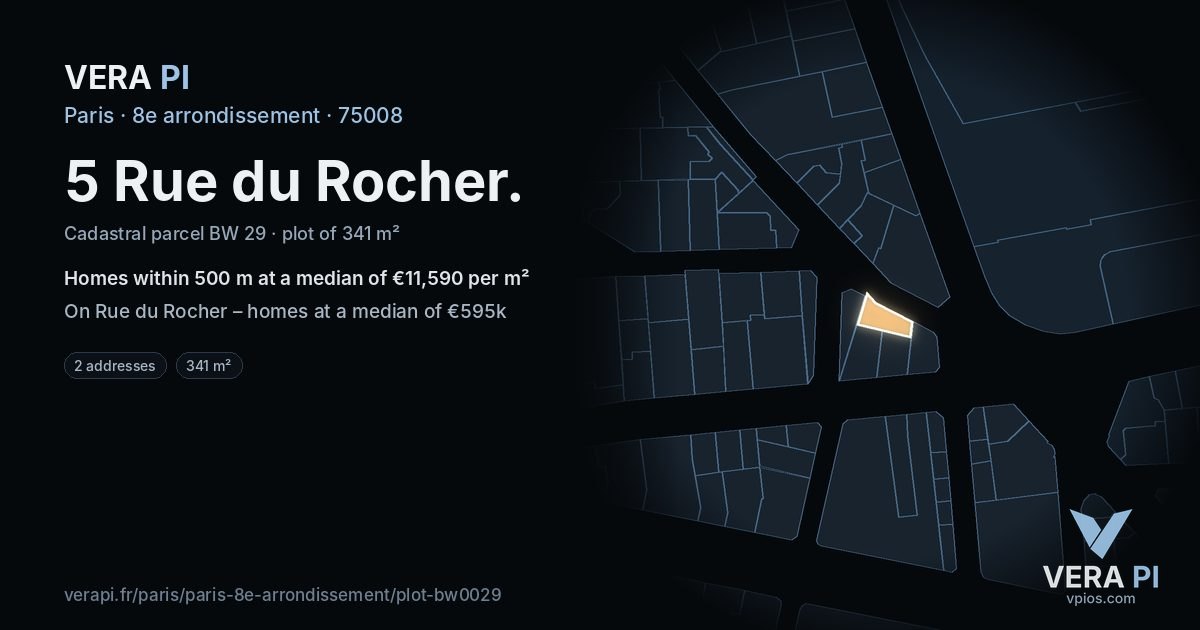 5 Rue du Rocher, 8e arrondissement at night – the plot lit, the parcels around coloured by the prices near them