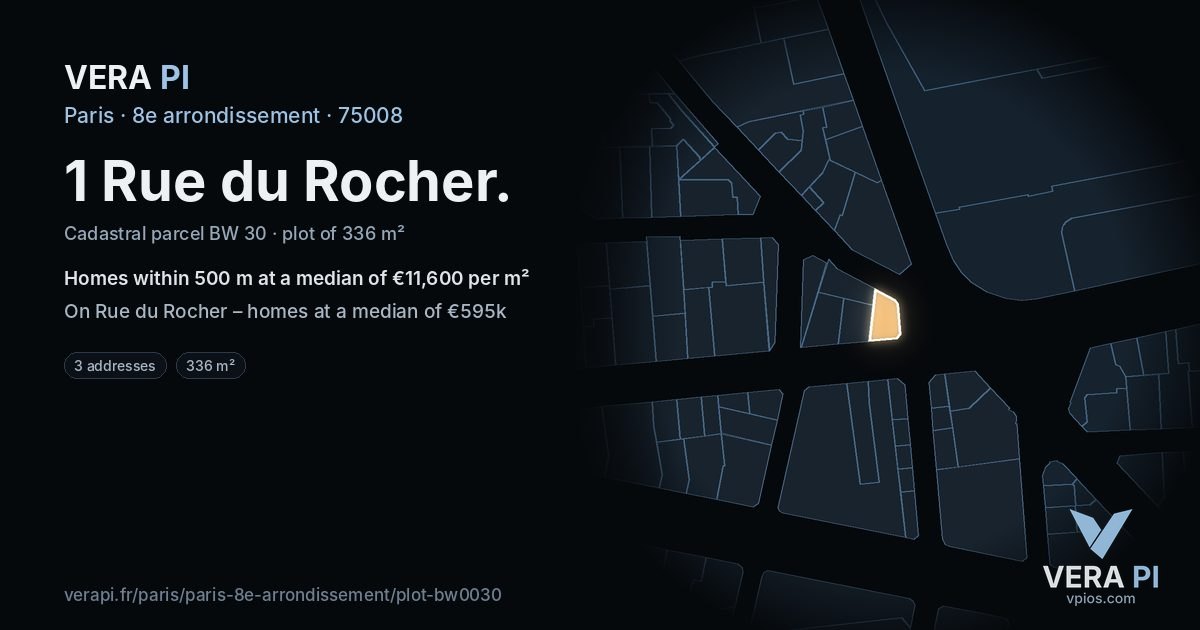 1 Rue du Rocher, 8e arrondissement at night – the plot lit, the parcels around coloured by the prices near them