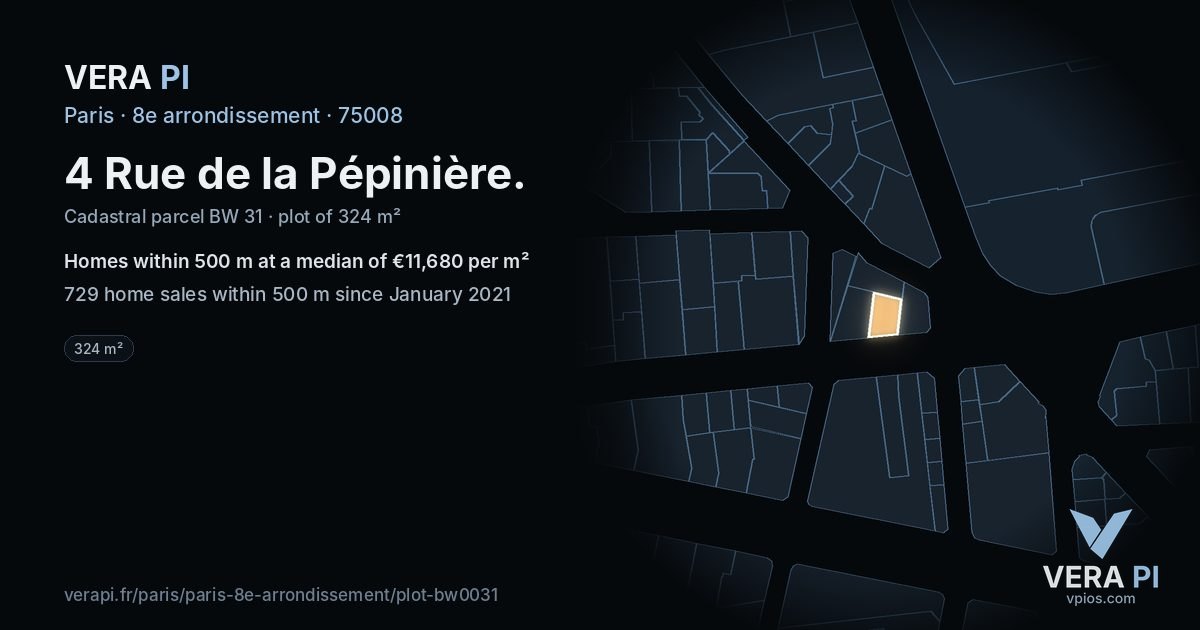 4 Rue de la Pépinière, 8e arrondissement at night – the plot lit, the parcels around coloured by the prices near them