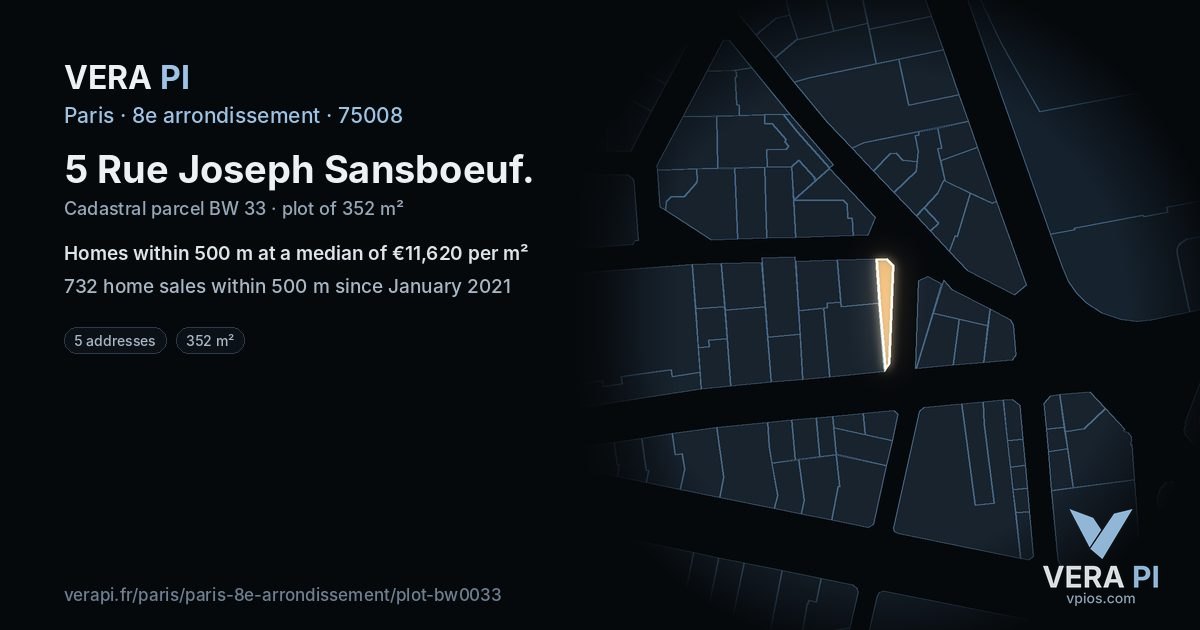5 Rue Joseph Sansboeuf, 8e arrondissement at night – the plot lit, the parcels around coloured by the prices near them