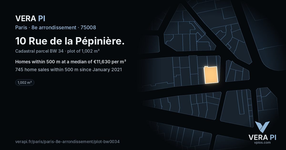 10 Rue de la Pépinière, 8e arrondissement at night – the plot lit, the parcels around coloured by the prices near them