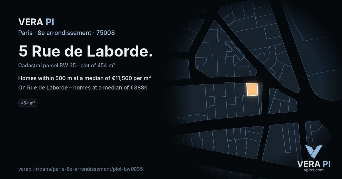 5 Rue de Laborde, 8e arrondissement at night – the plot lit, the parcels around coloured by the prices near them