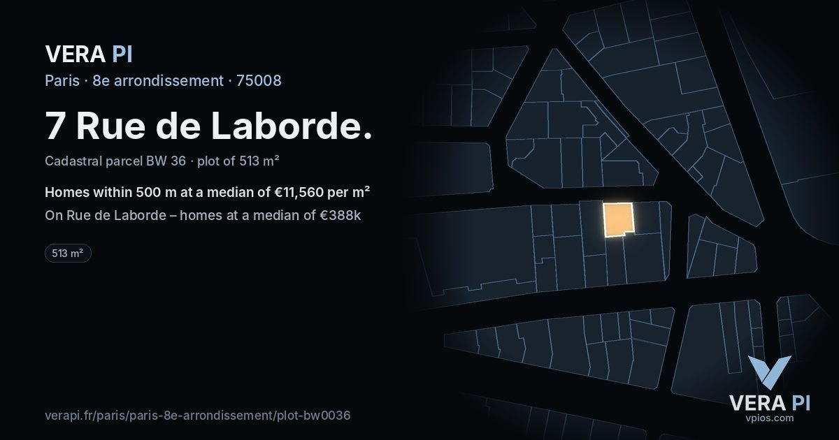 7 Rue de Laborde, 8e arrondissement at night – the plot lit, the parcels around coloured by the prices near them