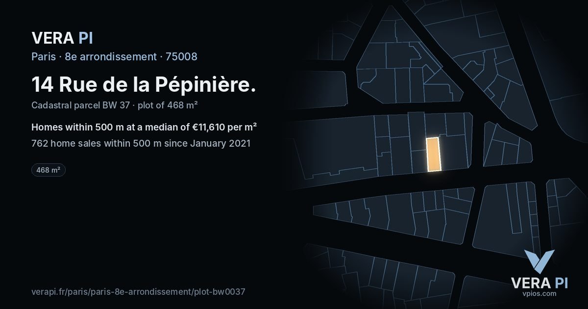 14 Rue de la Pépinière, 8e arrondissement at night – the plot lit, the parcels around coloured by the prices near them