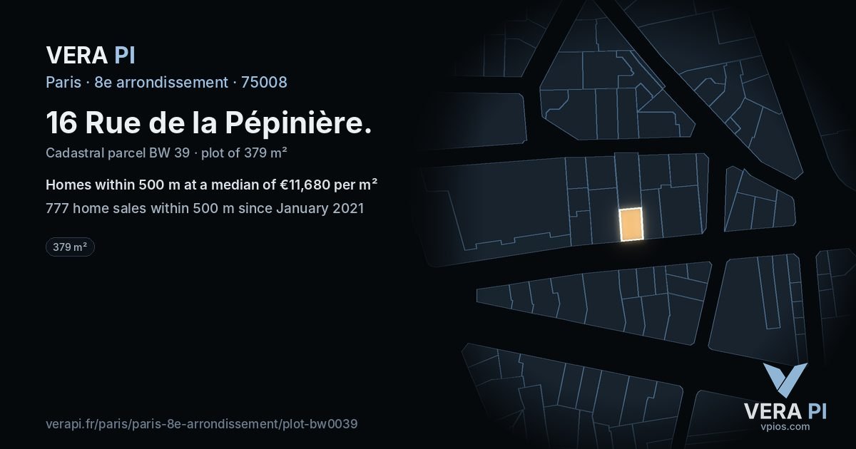 16 Rue de la Pépinière, 8e arrondissement at night – the plot lit, the parcels around coloured by the prices near them