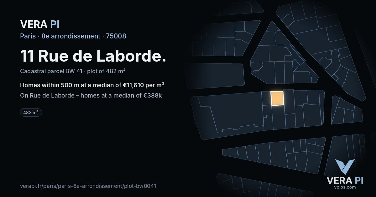 11 Rue de Laborde, 8e arrondissement at night – the plot lit, the parcels around coloured by the prices near them
