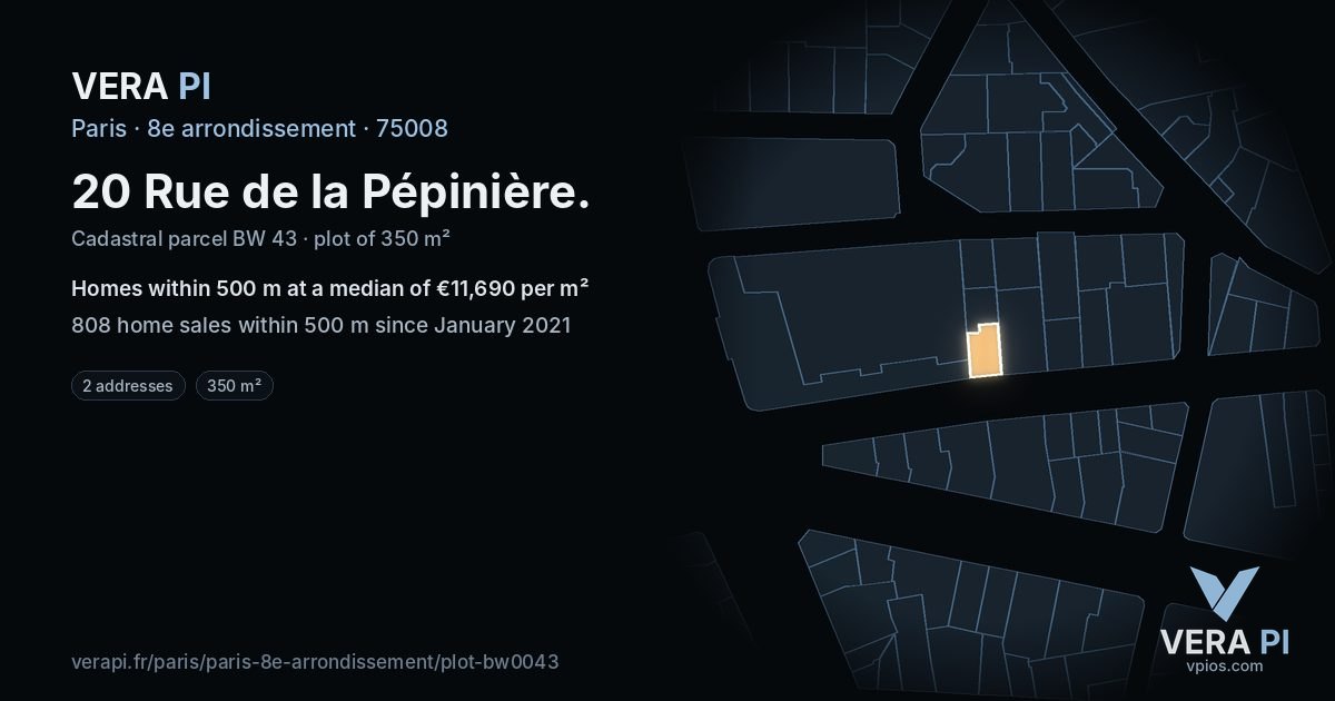 20 Rue de la Pépinière, 8e arrondissement at night – the plot lit, the parcels around coloured by the prices near them