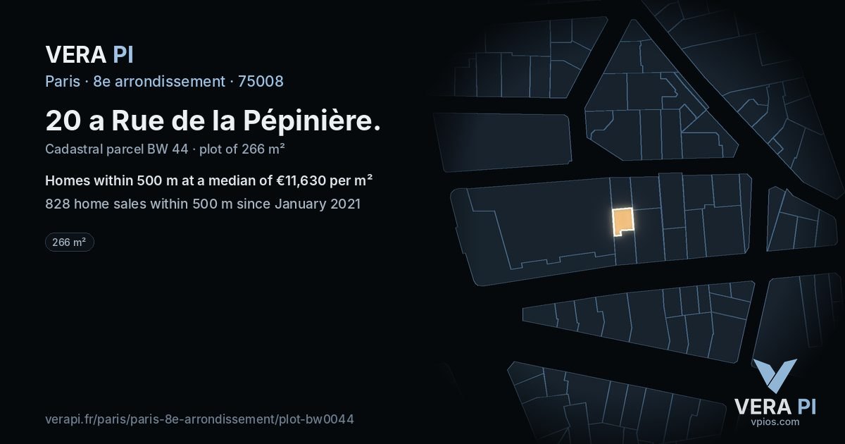 20 a Rue de la Pépinière, 8e arrondissement at night – the plot lit, the parcels around coloured by the prices near them